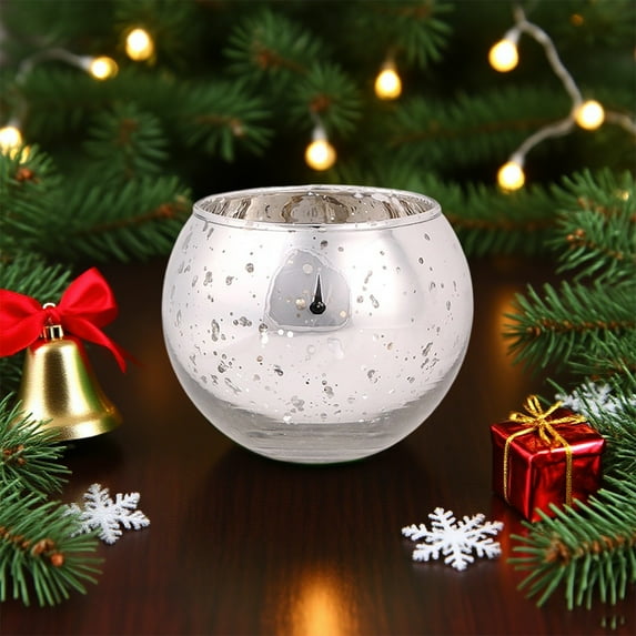 Kumdkd 2pcs Glass Candle Holders - Christmas Sphere Candlesticks with Snowflake Design, Aromatic Tea Light Holders for Table Decor, Holiday Gifts (Battery Operated LED Safe, Shatterproof)