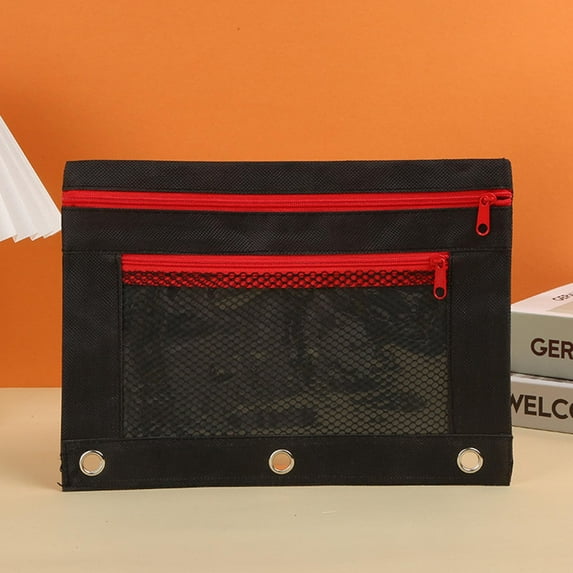 Kumdkd 3-Hole Binder Pencil Case, 9.84x7.48in Double Layer Mesh Zipper Pouch, Large Capacity Cloth Pen Organizer, Fits 3-Ring Binder