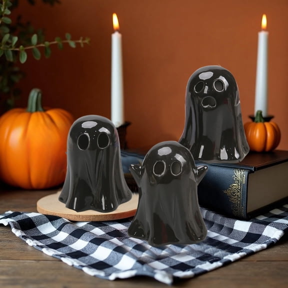 Kumdkd 3-Pack Ceramic Halloween Ghost Lights Cute Battery-Operated LED Decor for Tabletop, Mantel & Spooky Nightlight (4" Black Mini Spirits)