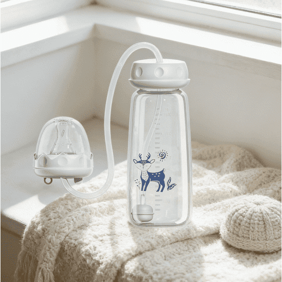 Kumdkd 300ml/10oz Bottle with Anti-Colic System & Pacifier,Includes Cleaning Brush for Easy Hygiene, Hands-Free Self Feeding Milk Bottle for Car Seat, Safe Comfort Feeding (5.83 x 2.56 x 2.56in)