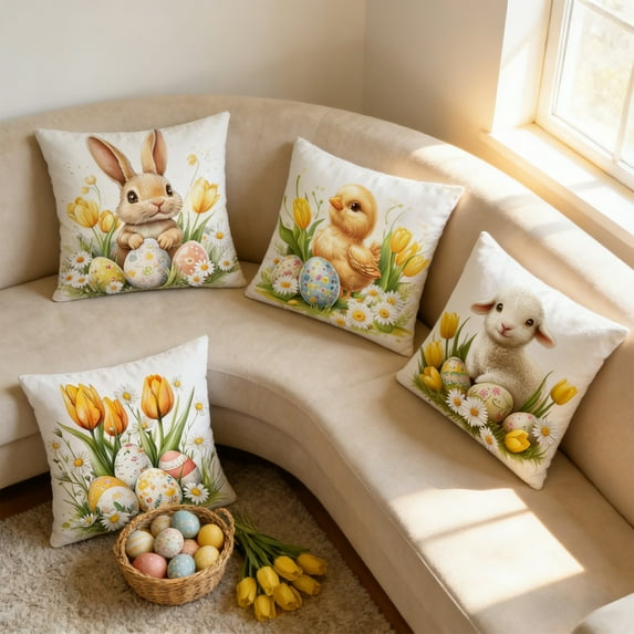 Kumdkd 4-Piece Easter Pillow Covers Set 18x18ines, Rabbit and Egg Pattern Decorative Cushion Covers for Sofa Couch Bedroom Spring Home Decor