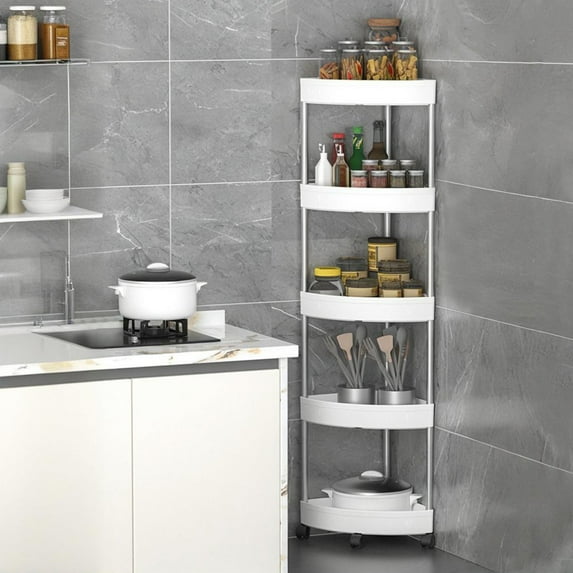 Kumdkd 5-Tier Bathroom Corner Shelf Organizer with Rolling Wheels & Drainage Holes, Plastic Stainless Steel Shower Caddy, Adjustable Storage Rack for Toiletries, Removable Basket (44.29x14.17in)