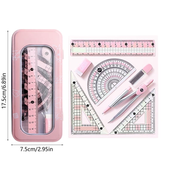 Kumdkd Students Math Tool Kit with Ruler, Protractor, Compass, 2 Triangles, Eraser, Lead, Pink, 8 Count
