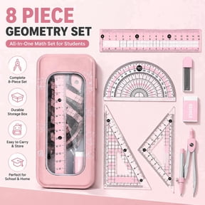 Kumdkd Students Math Tool Kit with Ruler, Protractor, Compass, 2 Triangles, Eraser, Lead, Pink, 8 Count
