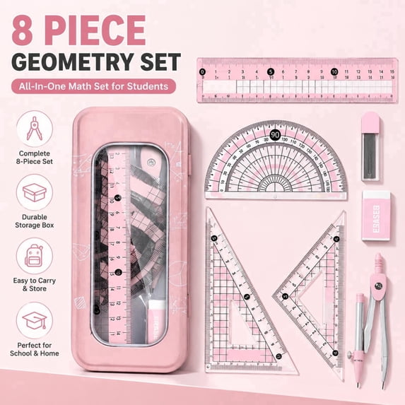 Kumdkd Students Math Tool Kit with Ruler, Protractor, Compass, 2 Triangles, Eraser, Lead, Pink, 8 Count
