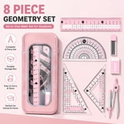 Kumdkd Students Math Tool Kit with Ruler, Protractor, Compass, 2 Triangles, Eraser, Lead, Pink, 8 Count