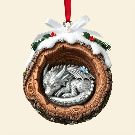 Kumdkd Acrylic Christmas Ornaments - 1 Pack Sleeping Dragon in Log Decor with Snow Holly, Festive Hanging for Tree Holiday Lovers