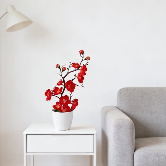 Kumdkd Artificial Flower Bonsai Tree, 11x2.7x2.7in Red Desk Plant, Maintenance-Free Fake Potted Plant for Home Office Decor, Shelf & Table Centerpiece