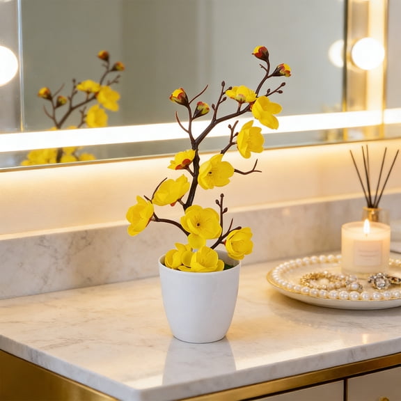 Kumdkd Artificial Flower Bonsai Tree, 11x2.7x2.7in Yellow Desk Plant, Maintenance-Free Fake Potted Plant for Home Office Decor, Shelf & Table Centerpiece
