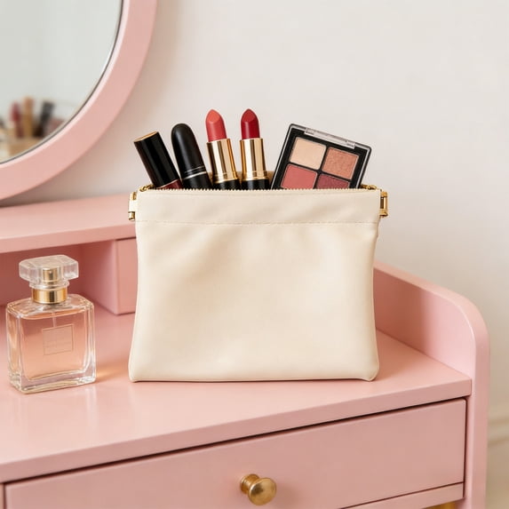 Kumdkd Artificial Leather Cosmetic Bag, Waterproof No Zipper Auto-Closing Makeup Pouch 4.3x4.3in, Mini Travel Storage Bag for Women, Cosmetics, Jewelry, White