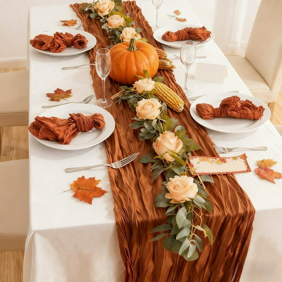 Kumdkd Autumn Tablecloth for Fall - 35.43x70.87in Bohemian Pleated Polyester Runner, Rust Red, 35.43x70.87in, Durable, Wrinkle-Free, Ideal for Thanksgiving Dinners, Family Gatherings