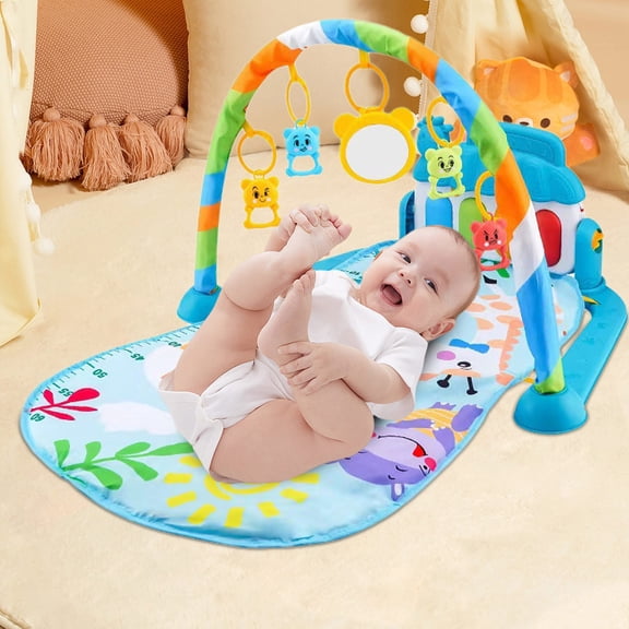 Kumdkd Baby Activity Mat with Piano & 5 Linkable Toys - 4-Way Play Gym for Infants 0-36 Months, Soft Washable Mat with Lights & Sounds