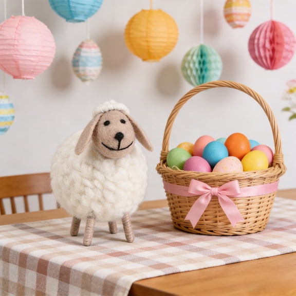 Kumdkd Boho Lint Sheep Ornament - 4.33in Handmade Easter Lamb Decor, Soft Pink Spring Tabletop Accent, Rustic Farmhouse Home Decor & Easter Gift