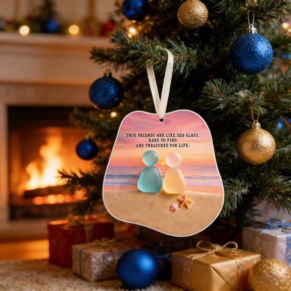 Kumdkd Ceramic Friendship Ornament, Pink Double-Sided Beach Sunset Hanging Decoration with Inspirational Quote, Heart or Round Shape, Gift for Best Friend, 3.15x2.36 Inch