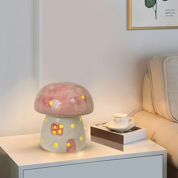 Kumdkd Ceramic Mushroom Lamp Ornament, 3.94 Inch Mini Holiday Decor for Tabletop, Shelf, Nightstand, Christmas Gift Idea, Small Scene Layout Prop, Pink Glossy Ceramic Decorative Light for Home