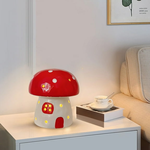 Kumdkd Ceramic Mushroom Lamp Ornament, 3.94 Inch Mini Holiday Decor for Tabletop, Shelf, Nightstand, Christmas Gift Idea, Small Scene Layout Prop, Red Glossy Ceramic Decorative Light for Home