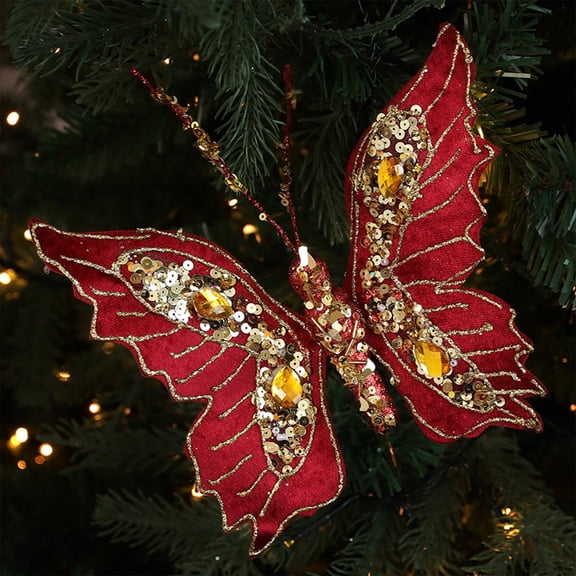 Kumdkd Christmas Butterfly Clip-On Ornament, Sequin Decorations for Christmas Tree, Wall, Door, Festive Simulation Butterflies for Holiday Scene Layout, Green Cloth Butterfly Decoration, 6.6x5.91in