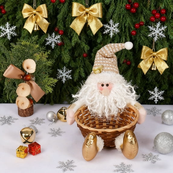 Kumdkd Christmas Doll Basket with Santa Claus Design, 9x7 Inch Fabric Candy & Fruit Holder for Holiday Decor, Gift Basket for Tabletop Decoration, Festive Storage for Chocolates, and Party Supplies