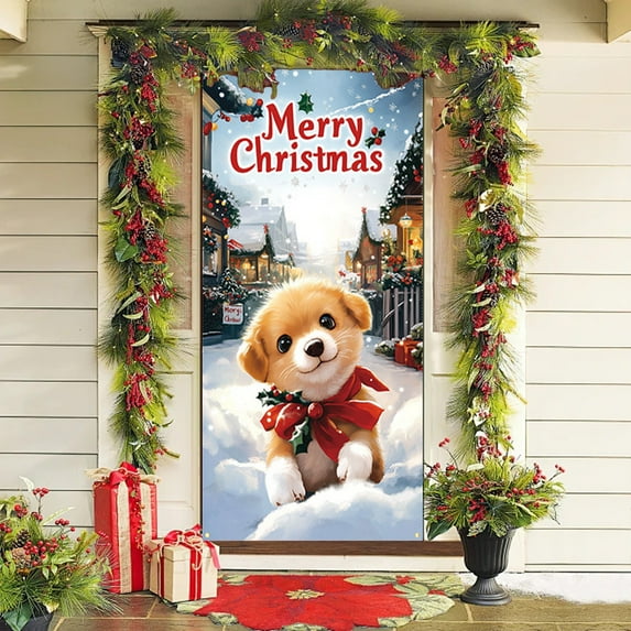 Kumdkd Christmas Door Cover Curtain Banner - Santa Claus & Dog-Themed Outdoor Holiday Decoration (90x180cm/35.43x70.87in), Multicolor Polyester Fabric for Festive Home Display