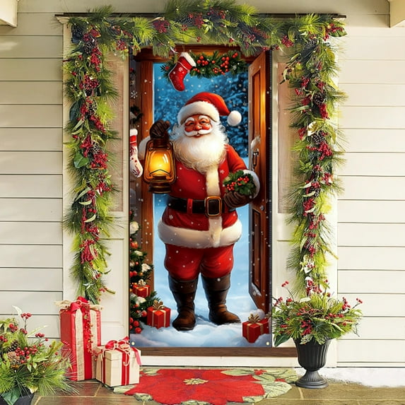 Kumdkd Christmas Door Cover Curtain Banners Santa Claus Outdoor Hanging Fabric Holiday Decorations for Home Party Gifts