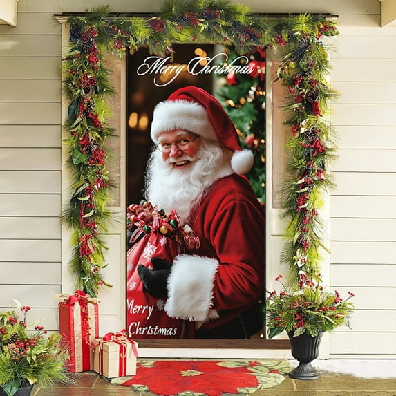 Kumdkd Christmas Door Cover Curtain Banners Santa Claus Outdoor Hanging Fabric Holiday Decorations for Home Party Gifts