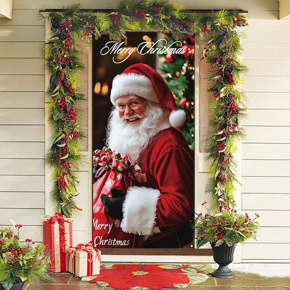 Kumdkd Christmas Door Cover Curtain Banners Santa Claus Outdoor Hanging Fabric Holiday Decorations for Home Party Gifts