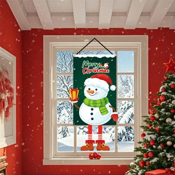 Kumdkd Christmas Hanging Flags 27.56"x11.8" - Red Santa & Snowman Party Decor for Windows, Doors, Trees, Holiday Photo Backdrop, Reusable Festive Banner