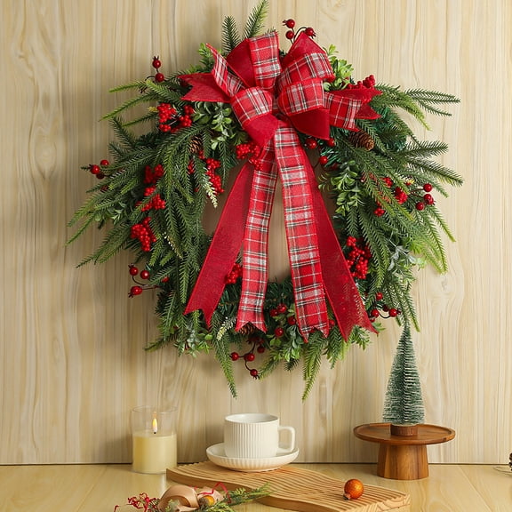 Kumdkd Christmas Linen Bow Wreath - Plastic Grapevine Wreath, 18" Front Door Ornament, Festive Window Decoration