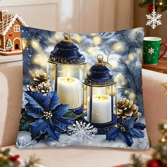 Kumdkd Christmas Pillow Cover Linen Blue and Gold Print 18x18 Inch, Festive Holiday Decor for Living Room Sofa Couch Decorative Pillowcase