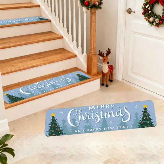 Kumdkd Christmas Stair Tread Mat with Holiday Plant & Snowflake Design, Non-Slip 29.92x7.87in Festive Stair Cover for Indoor Steps, Entryway Rug, Winter Home Decor, Polyester Carpet with Greetings
