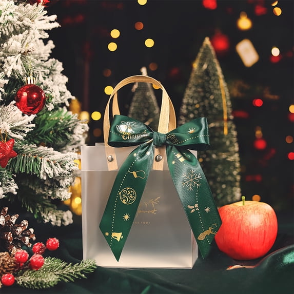 Kumdkd Christmas Transparent Hand-held Gift Bag with Gold Handle, 9.84x7.87 Inch Reusable Plastic Gift Box for Christmas Eve Apples, Candy, Toys, Holiday Party Favor Bags, Creative Souvenir Hand Bag