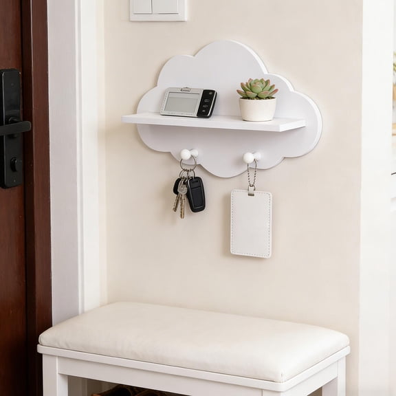Kumdkd Cloud Shaped Wall Shelf, 13.66x9.06in White Wooden Wall Hanging Organizer with Hooks, Kids Room Decor, Doll Display Shelf, Toy Storage Rack, European Style