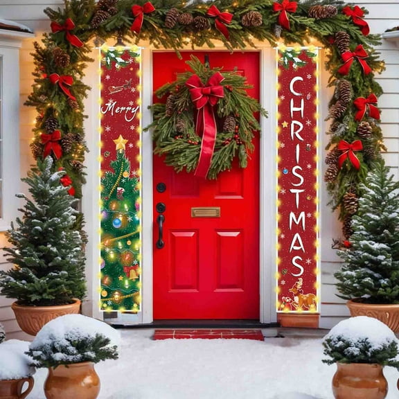 Kumdkd Custom Christmas Couplet Door Curtain with Lights - Waterproof Polyester Door Cover for Christmas, Winter Festivals, and Parties (11.81x70.87")