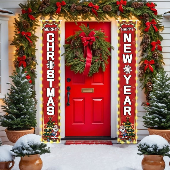 Kumdkd Custom Christmas Couplet Door Curtain with Lights - Waterproof Polyester Door Cover for Christmas, Winter Festivals, and Parties (11.81x70.87")