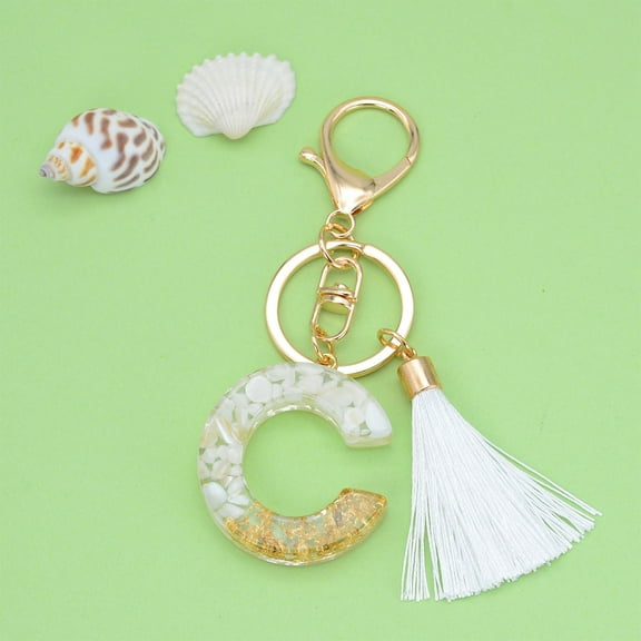 Kumdkd Cute Beige Key Chains for Women Girls, Initial Letter Keychains with White Tassel, Charms for Key Handbag Backpack