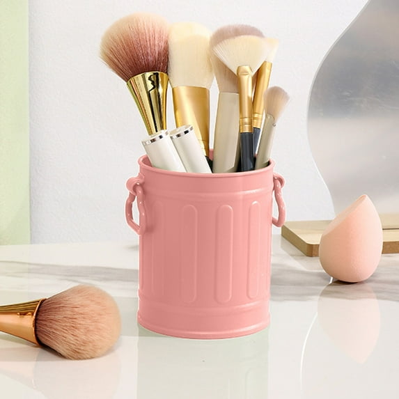 Kumdkd Desktop Storage Box with Handles, 3.7x3.1x3.1in Pink Plastic Organizer for Pens, Makeup Brushes, Office Supplies, Stationery Holder for Desk, Coffee Table, Vanity