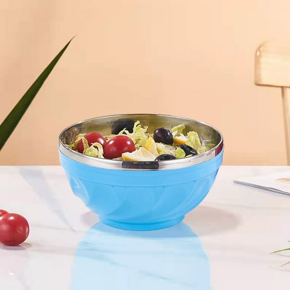 Kumdkd Double-Layer Insulated Stainless Steel Bowl - 6.38x3.35in Colorful Soup/Dinner Bowl for Kids & Adults, Dishwasher Safe, Blue
