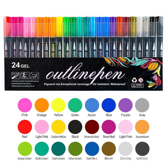 Kumdkd Double Line Outline Marker Pens - Metallic Glitter Pens for Highlighting, Guest Books, Crafts, Multi-Surface Writing & Painting, 8ml, 24 Colors