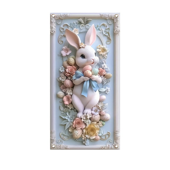 Kumdkd Easter Bunny Door Banner, 70x35in Pastel Spring Flowers & Eggs Hanging Decor with Bow, Indoor/Outdoor Holiday Banner for Porch, Wall - Washable Reusable