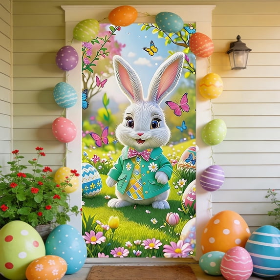 Kumdkd Easter Door Cover 35.43x70.87in, Large Polyester Door Curtain with Bunny & Egg Design, Front Door Wall Hanging Banner for Indoor Outdoor Party Festival Decoration