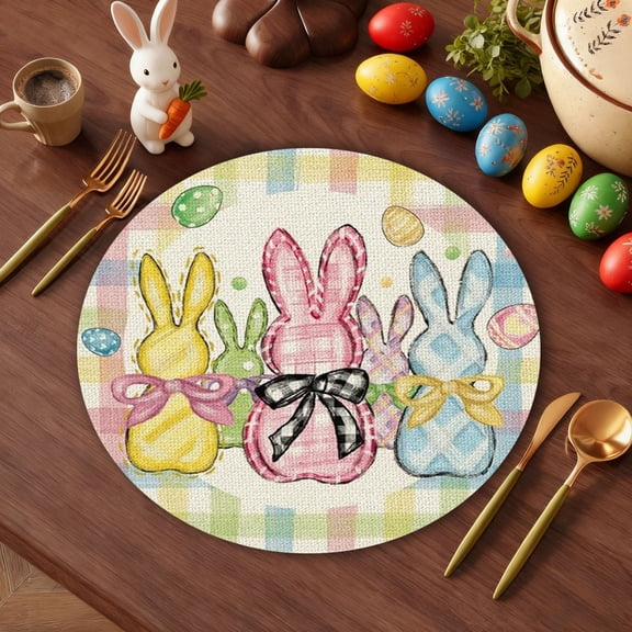 Kumdkd Easter Round Placemat 14.5in, Polyester Washable Table Mat for Holiday Dining, Spill-Resistant Decorative Place Setting for Parties, Home & Events