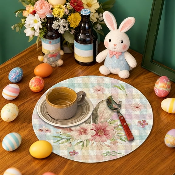 Kumdkd Easter Round Placemat Set of 1, 14.5in Colorful Polyester Table Mat for Holiday Dining, Washable Decorative Place Mats for Easter Table Setting & Spring Party