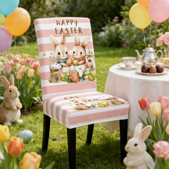Kumdkd Easter Stool Cover, 20x18x22in Elasticated Seat Cover with Bunny Egg Design, Washable Polyester Chair Slipcover for Holiday Restaurant Home Decor