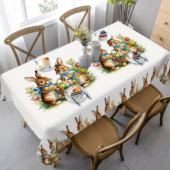 Kumdkd Easter Tablecloth 31.50x47.24in, Short Plush Bunny & Egg Design, Waterproof Washable Dining Table Cover, Holiday Decor, Picnic Mat, Party Decoration