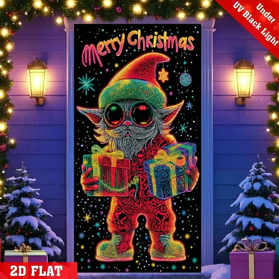 Kumdkd Fluorescent Christmas Door Cover 35x71 Inch, Santa and Tree Printed Holiday Banner for Indoor Outdoor Decor, Glowing Party Backdrop, Front Door Decoration for Home Christmas Party