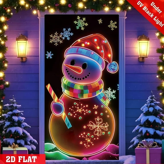 Kumdkd Fluorescent Christmas Door Cover 35x71 Inch, Santa and Tree Printed Polyester Holiday Banner for Indoor Outdoor Decor, Glowing Party Backdrop, Front Door Decoration for Home Christmas Party