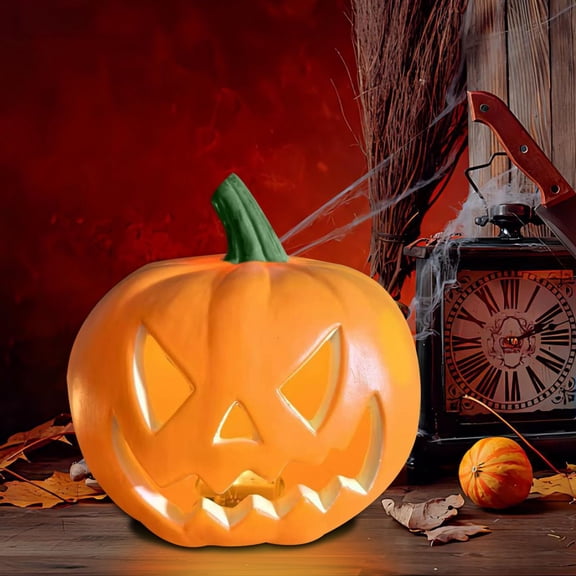 Kumdkd Glow-in-the-Dark Halloween Pumpkin Lantern - Battery Operated Spooky Decor for Yard, Window & Party (9" Weatherproof Plastic with Carved Designs)