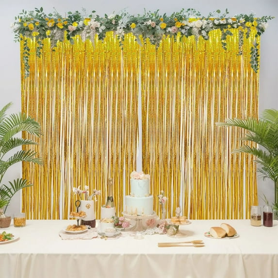 Kumdkd Gold Tinsel Curtain Party Backdrop - 39.37" x 78.74" Fringe Metallic Decoration for Birthday, Christmas, Graduation, Stage Photo Background, Reusable & Easy to Hang