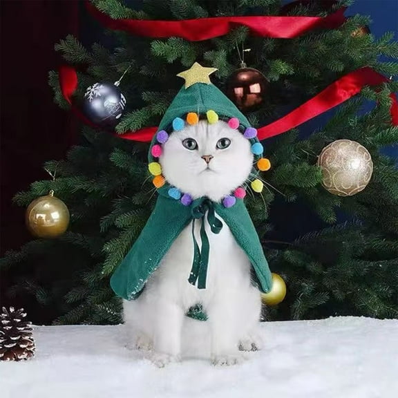 Kumdkd Green Christmas Tree Pet Cape - Festive Outfit for Cats & Small Dogs with Plush Balls and Star Hood