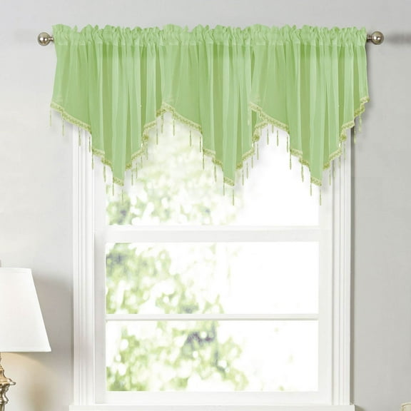 Kumdkd Green Sheer Beaded Valance Curtains for Kitchen Windows 3 Pieces, Rod Pocket Triangle Sheer Curtain Valances Boho Tassels Window Valances for Bedroom Bathroom, Each W51 x L24